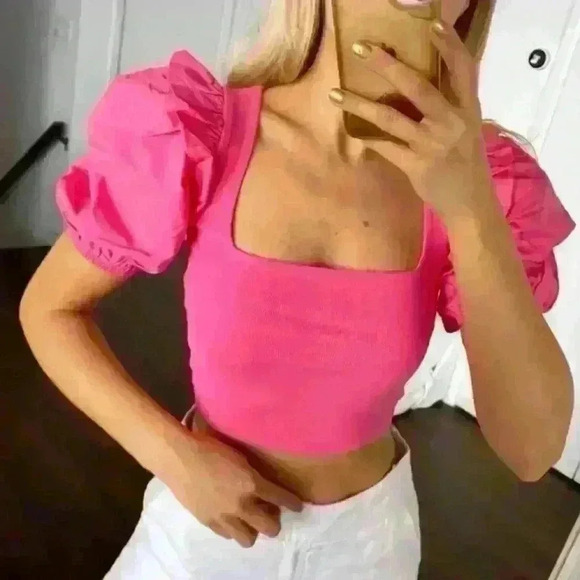 ZARA square neck puff lsleeve crop Top Pink Cotton size S - Picture 5 of 7